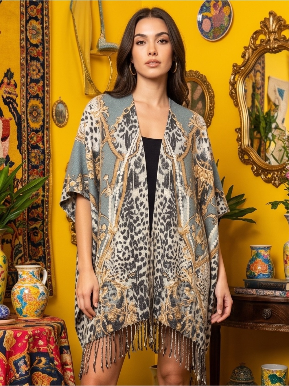 Chico's Leopard Print & Gold Baroque Fringe Shawl in Black, White & Gold